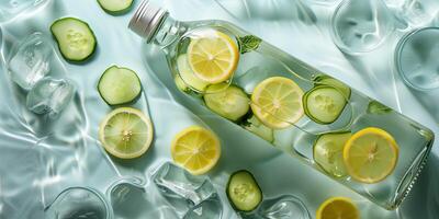 Clear glass bottle filled with water and slices of lemon and cucumber floating inside, food setting photo