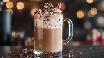 Clear glass mug with a drink, topped with crushed peppermint and chocolate shavings, meal photography photo
