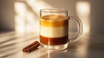 Clear glass mug showcasing a layered, thick liquid, with a cinnamon stick resting inside, meal photography photo