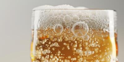 Clear glass of craft beer with visible carbonation and a frothy head, meal photography photo