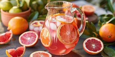 Clear glass pitcher with pink beverage and citrus slices, meal photography photo