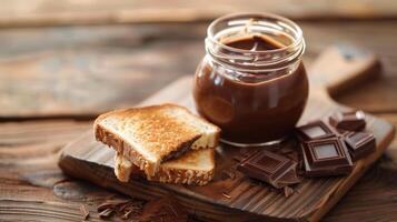Clear jar of chocolate spread placed next to a slice of toast on a cutting board, food setting photo