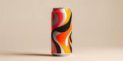 Closed can of energy drink featuring bold branding and a colorful design, placed on a plain background, food setting photo