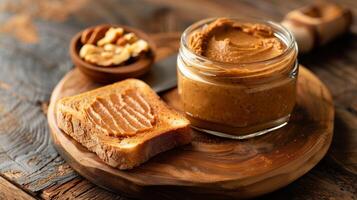 Clear jar of nut-free spread next to a piece of toast on a wooden board, food setting photo