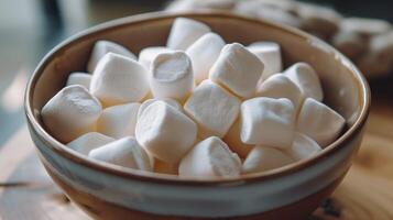Close-up of a bowl of square marshmallows, perfectly aligned, meal photography photo