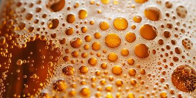 Close-up of a frothy lager head in a glass, with tiny bubbles visible, meal photography photo