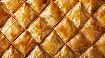 Baklava pieces in a diamond pattern, showing layered interior, food setting photo