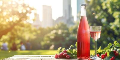 Bottle of raspberry-flavored cider, standing on a picnic table, with an empty glass and a park scene in the background, meal photography photo