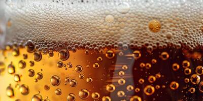 Close-up of a frothy lager head in a glass, with tiny bubbles visible, food setting photo