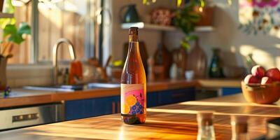 Bottle of blueberry-flavored cider, standing on a kitchen counter, with vibrant label artwork facing forward, meal photography photo