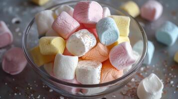 Marshmallows of various colors and shapes in a glass bowl, with visible specks, meal photography photo