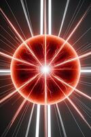 advance futuristic circuit red orange glowing energy sphere with radial electric lines vertical format. photo