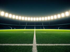 Night Stadium Soccer Field Green Grass Lights Empty. photo