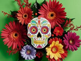 day of dead colorful sugar skull surrounded by flowers on green background festive celebration holiday. photo
