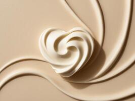 heart shaped white cream on beige background with smooth texture soft lighting highlights delicate swirls curves. photo