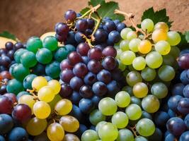 Closeup Shot of Assorted Grape Varieties Showcasing Vibrant Colors and Textures in a Natural Setting for Fresh Fruit Enthusiasts. photo