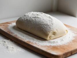 A sheet of dough is covered in flour and sits on a wooden cutting board. photo