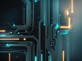 abstract glowing circuit technology advance lines and dots on dark background. photo
