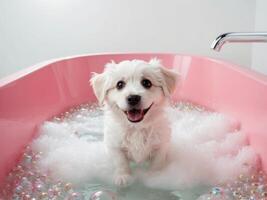 A happy puppy enjoys a bubble bath in a pink bathtub filled with bubbles and joy. photo