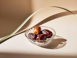 Dates in Glass Bowl with Palm Leaf Shadow on Beige Background. photo