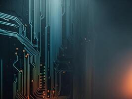 abstract glowing circuit technology advance lines and dots on dark background. photo