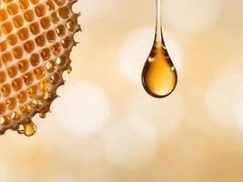 Honey is dripping from a honeycomb with a golden light background. photo