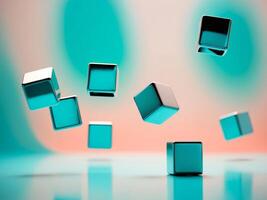 Abstract turquoise background with metallic cubes falling and reflecting on the same colored surface. photo