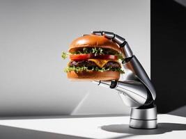 A close up of a robotic hand holding a delicious burger highlighting the intersection of technology and food. photo
