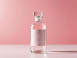 Stylish Clear Glass Bottle with Abstract Label and Pink Background for Modern Branding and Design Projects. photo