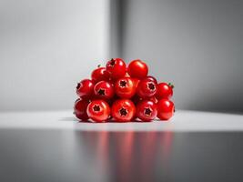 A cluster of bright red berries captured in a tight frame. photo