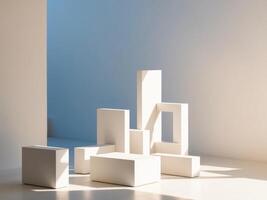 Abstract geometric blocks with sunlight in blue tones. photo