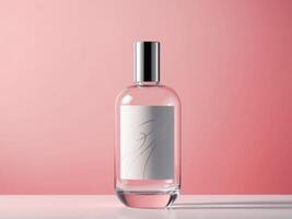 Stylish Clear Glass Bottle with Abstract Label and Pink Background for Modern Branding and Design Projects. photo