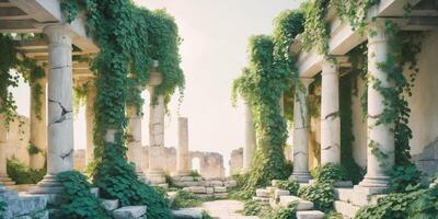 Cartoon Ruins Vines Overtake Crumbling Columns. photo