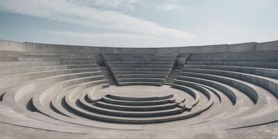 Brutalist Concrete Amphitheater with Tiered Seating and Weathered Surfaces in Open Space. photo