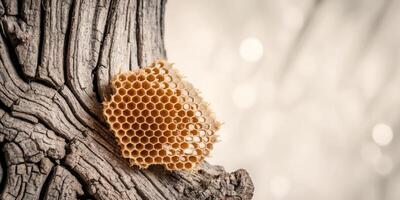 Close up honeycomb resting on tree trunk showing texture. photo