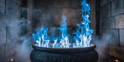Mysterious blue flames rise from an ancient cauldron in a dimly lit stone chamber during a magical ritual. photo