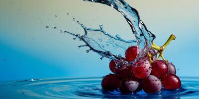 Refreshing Splash Water on Juicy Red Grapes with Droplets and Blue Background in High Speed. photo