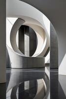 An image showcasing an intricate modern design of curved concrete structures on an empty sleek floor. photo