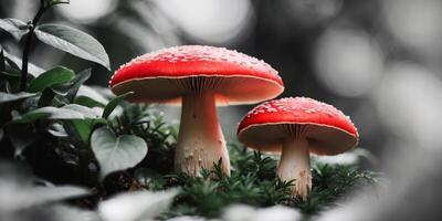 Fascinating world of the vibrant red and white mushroom in nature. photo