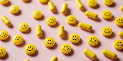 Yellow pills with smiley faces symbolizing antidepressant medication lying on a pink background. photo