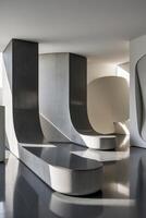 An image showcasing an intricate modern design of curved concrete structures on an empty sleek floor. photo
