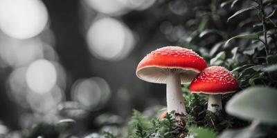 Fascinating world of the vibrant red and white mushroom in nature. photo