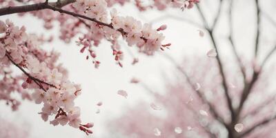 Pink petals falling from cherry blossom trees creating enchanting scenery. photo
