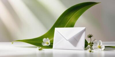 Envelope on Green Leaf Background with White Flowers. photo