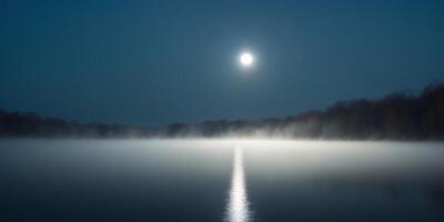 Moonlit Mist Over the Lake with Soft Fog and Distant Stars. photo