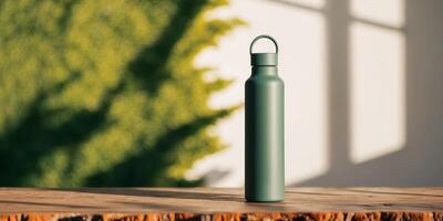 Reusable water bottle standing on wooden surface with sunlight and shadows on a green background. photo