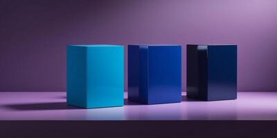 three blue cubes in shades of blue on purple background arranged in row for modern product display showcase mockup background. photo