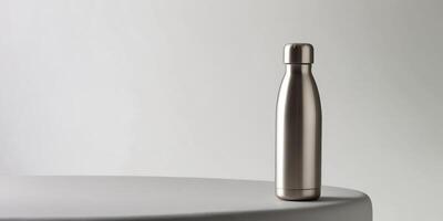 Reusable water bottle is standing on a gray surface with a light gradient background. photo