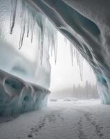 A stunning ice cave illuminated by natural light with soft snow on the ground and trees visible in the distance during winter. photo