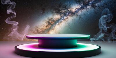 Empty round podium illuminated by colorful neon lights is standing on a galaxy background with smoke. photo